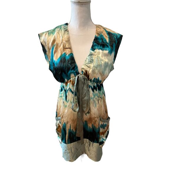 Hale Bob Y2K Silk Watercolor Print Empire Waist Tunic Mini Dress S - Picture 1 of 7
